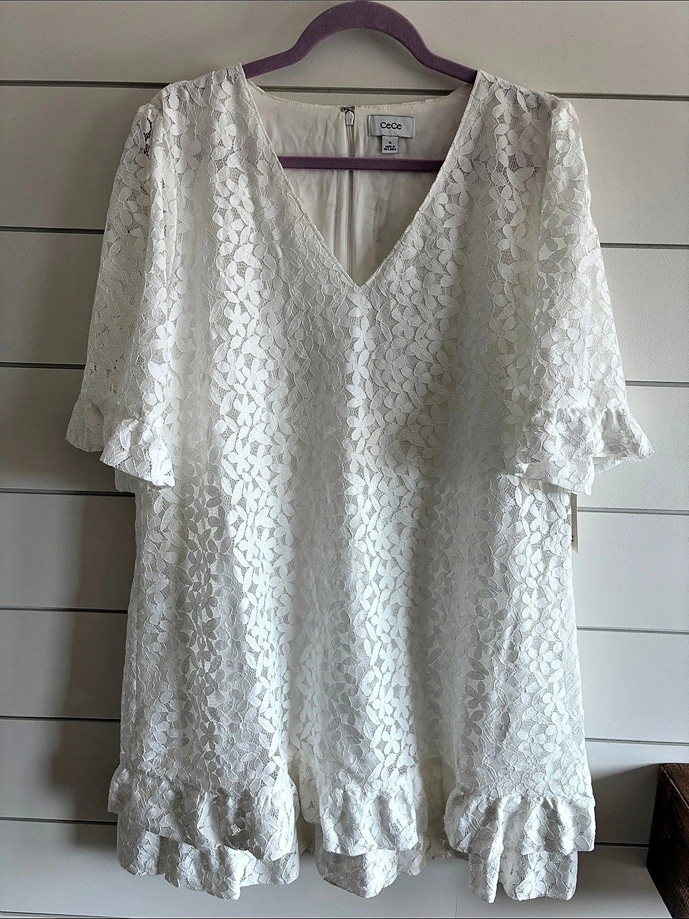 CeCe Lace V-Neck Shift Dress Floral Lace Mini Dress in White XL NWT